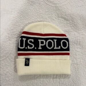 U.S. Polo Assn. Cream Beanie with Red and Black Stripes